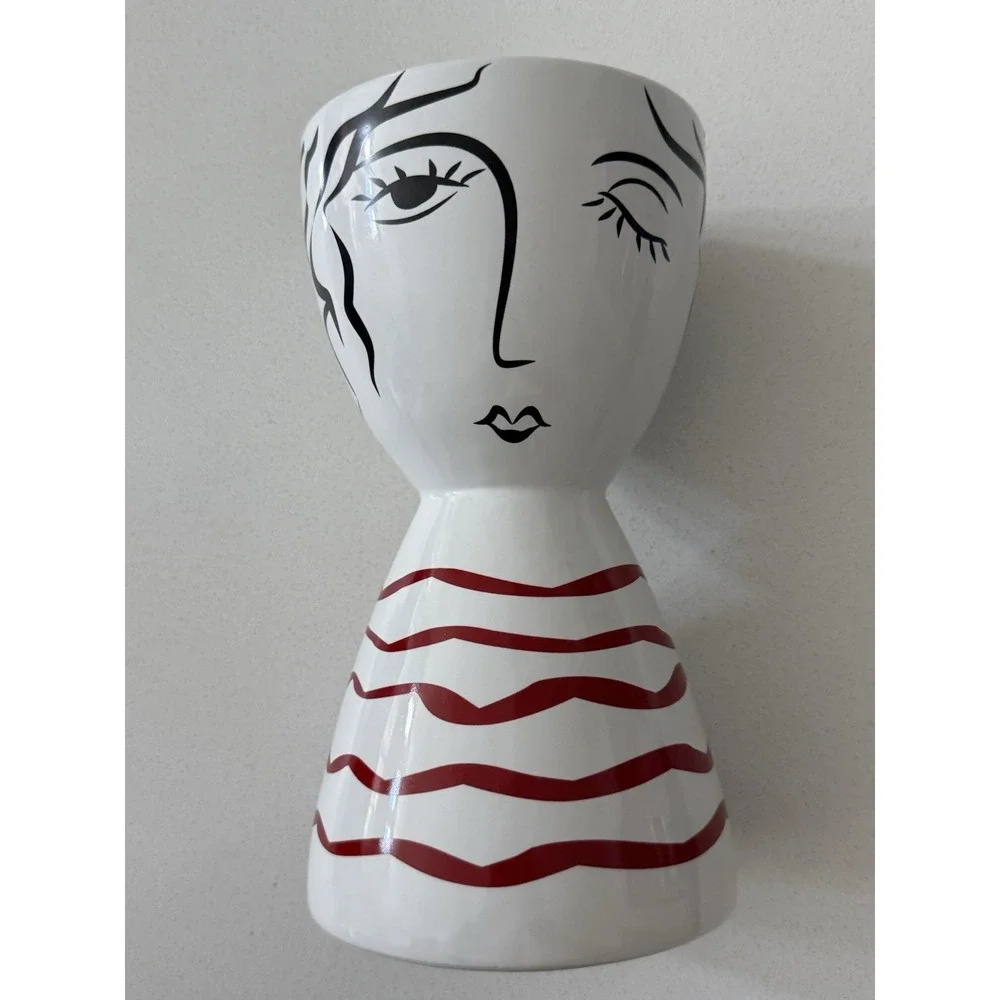 Lady Head Large Vase Planter Ceramic‎ White Black Red 9